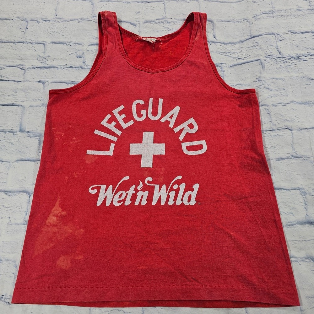 Fruit of the Loom Tank MENS L Red Lifeguard Wet n Wild Single Stitch VTG 90s USA